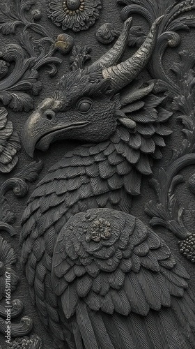 Mythical stone carved creature with horns and feathered body