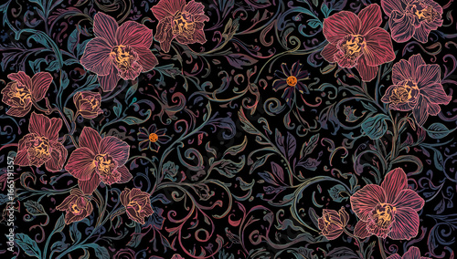 Wallpaper Mural Floral Abundance Intricate Pattern of Flowers and Vines on Dark Backdrop Torontodigital.ca