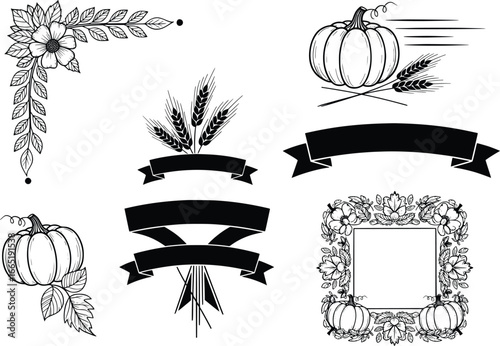 Harvest bounty autumn designs set with pumpkins wheat and decorative flourishes and ribbons
