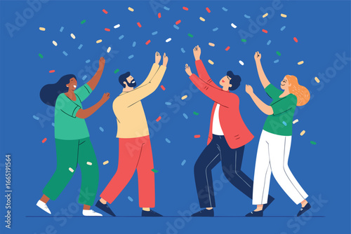 Startup team cheers at product launch conference.