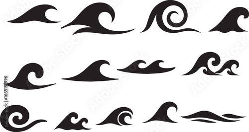 Set of ocean wave silhouettes vector illustration. collection of black and white sea wave shapes for surfing, marine decoration, abstract background and water design.