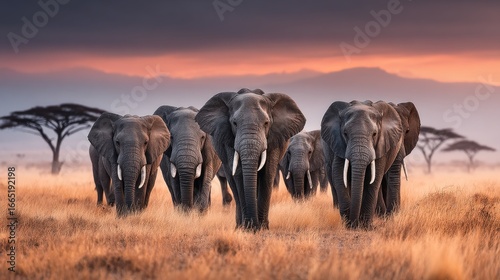 Herd of elephants walking together across the african savanna at sunset, with acacia trees and mountains in the background