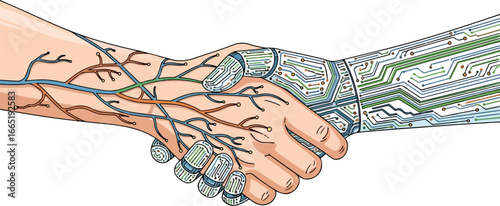 Human and robotic hands clasped in a handshake, symbolizing collaboration between organic and artificial intelligence.
