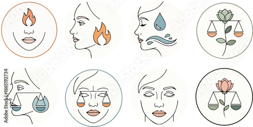 Abstract line art illustrations of female faces, each with a different zodiac element symbol.