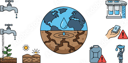 Illustration depicting water scarcity, drought, and the importance of water conservation with taps, cracked earth, and water filtration.
