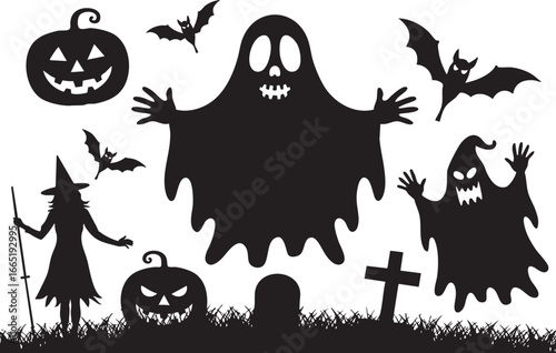 Winter Snows cape with ghost,horror night background.Vector illustration