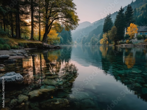 A serene river flows through a lush forest with mountains in the background during autumn