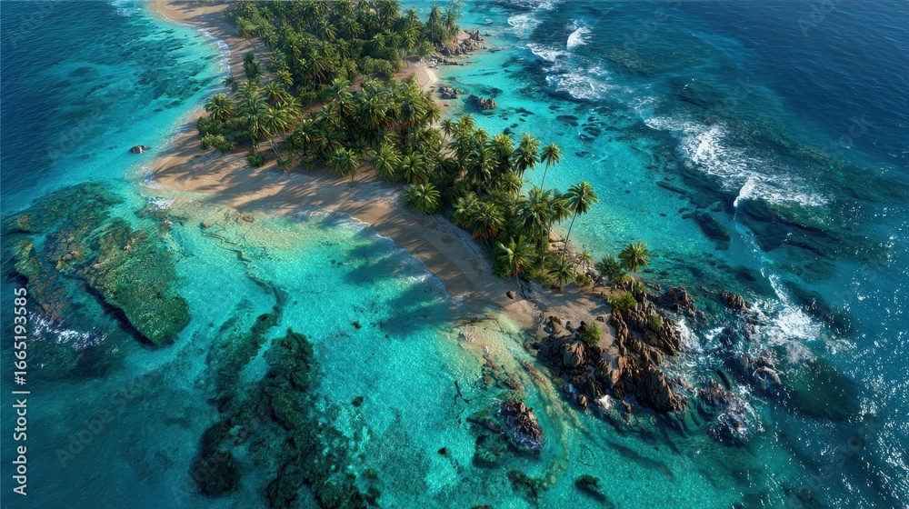Fototapeta premium Tropical Island Paradise Aerial View Secluded Beach, Ocean Waves
