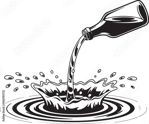 Monochrome Drawing of Liquid Flowing from a Bottle into Water Causing a Splash pouring