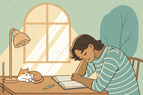 Student napping at desk with open books, soft lighting.