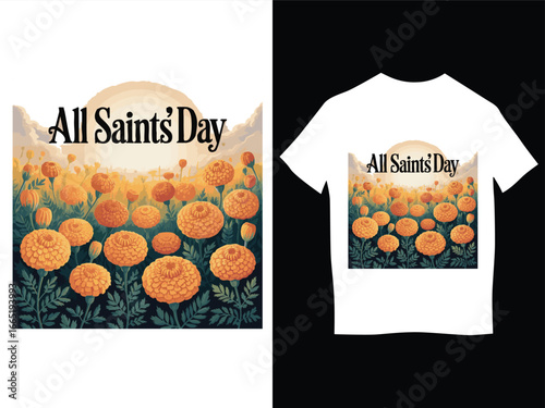 All Saints' Day T-shirt design with Marigolds and Sun