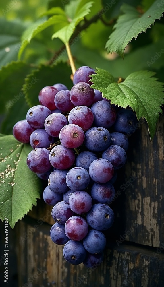 Fototapeta premium Fresh purple grapes hanging on a vine with green leaves