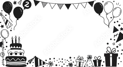 Black and white birthday celebration border with balloons and party decorations