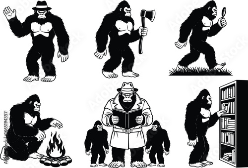 Diverse gorilla silhouettes engaging in various activities for design projects