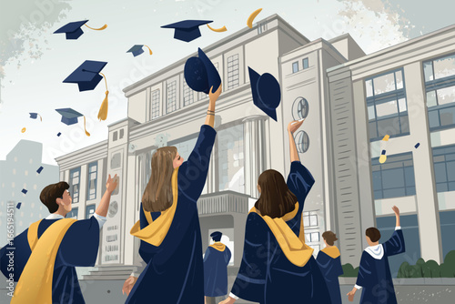 Graduates triumphantly toss caps skyward.