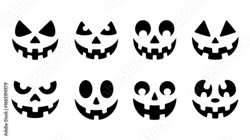 Jack-o'-Lantern Faces: A collection of spooky yet cartoonish carved pumpkin faces, showcasing a variety of expressions, set against a simple backdrop for the perfect Halloween theme.