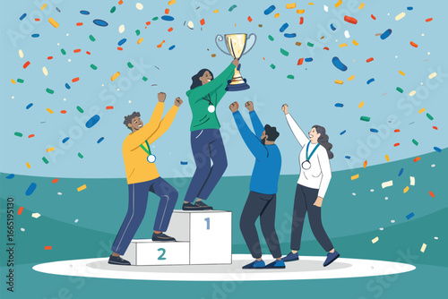 Team celebrates victory, raising trophy on stage.
