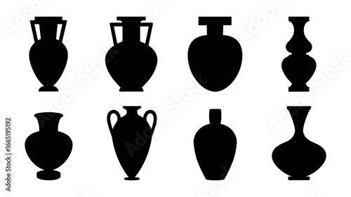 Ancient Pottery Silhouettes: Eight elegant silhouettes of classical Greek pottery against a stark backdrop, showcasing the timeless beauty of art.