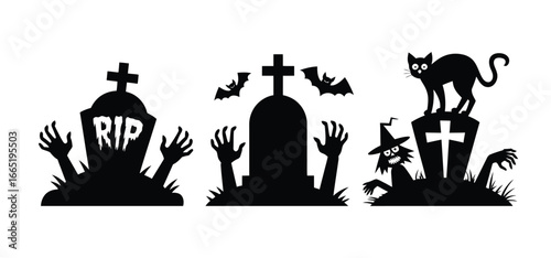 Spooky Halloween graveyard scene with rising zombies, bats, witch, and black cat on tombstones