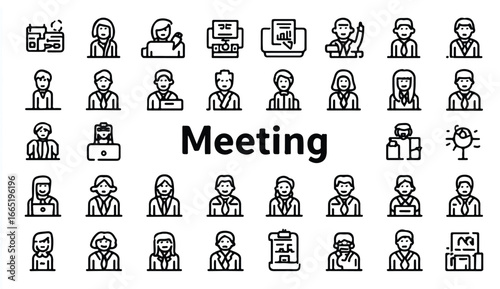 Business Meeting Vector Icons Set Office Conference Teamwork Collaboration and Discussion Symbols for Corporate Communication