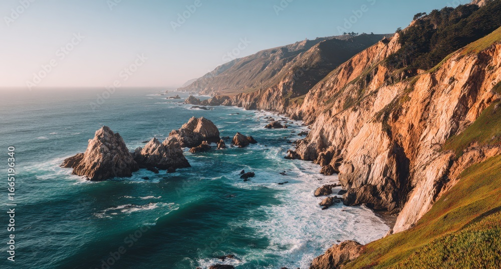 Fototapeta premium Coastal cliffs meet the ocean waves.
