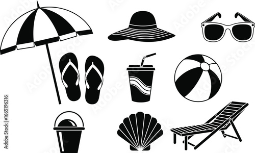 PrintBlack and white beach vacation icons including umbrella, sun hat, sunglasses, flip flops, cold drink, beach ball, bucket, seashell, lounge chair