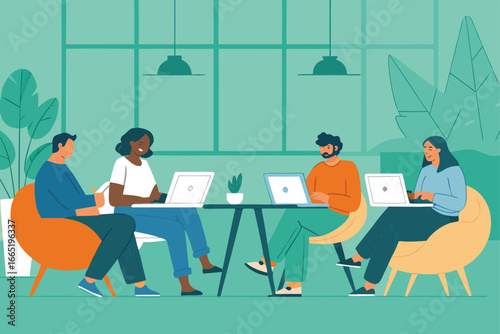 Diverse team collaborating on laptops in a modern coworking space.