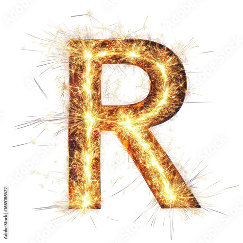 Sparklers Letter R Celebration, glowing letter R formed by sparklers, isolated on transparent background