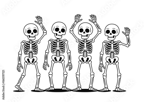 Friendly skeleton crew waving hello for Halloween decorations, party invitations, or spooky fun