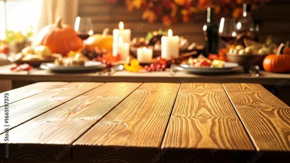 Thanksgiving Tabletop with Festive Background - A close-up view of a rustic wooden table with a blurred background showing a Thanksgiving feast.