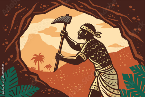 Tribal leader with stone axe before a cave.