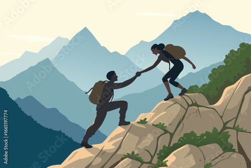 Two hikers helping each other ascend a rocky ridge.