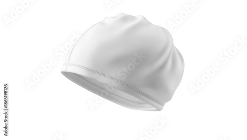 White swim cap, wrinkle-textured, rubbery material, used in water activity and swimming