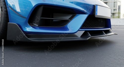 Close-up of Blue Sports Car's Carbon Fiber Front Lip Spoiler