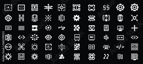 Collection of abstract geometric icons representing software development and technology integration on a black background