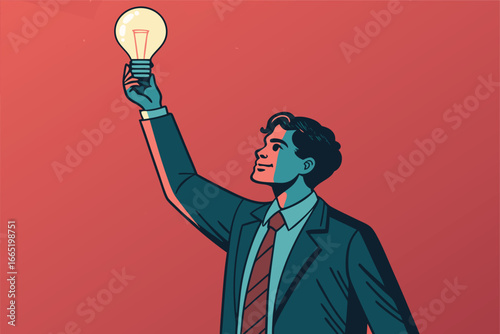 Young entrepreneur with glowing light bulb symbolizing new ideas.