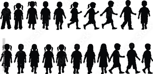 PrintBlack silhouette vector collection of children standing, walking, and running in various poses for education, design, school, childhood, and character illustration