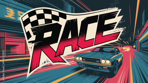 Patriotic American retro car illustration on an abstract business background with a star-spangled banner design