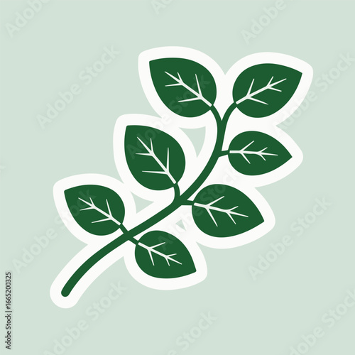 Illustration of a green leafy branch with a white outline, isolated on a white background, showcasing its natural and organic design for decoration