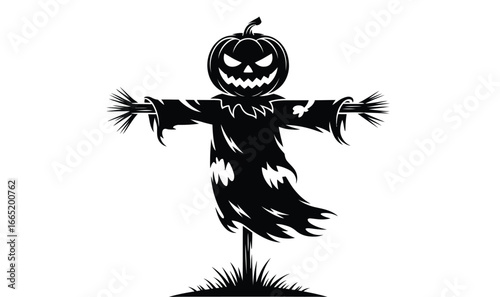 Spooky Halloween scarecrow with pumpkin head for eerie seasonal decorations and festive designs