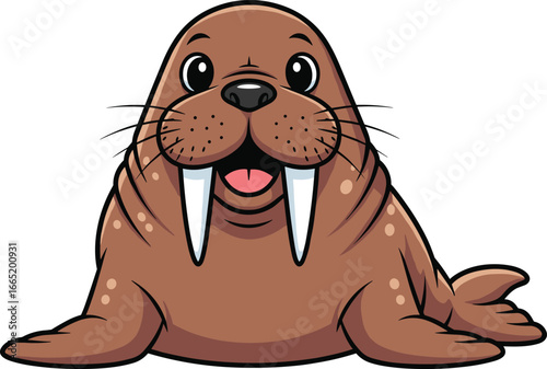 Cartoon Vector Illustration of Smiling Walrus with Open Mouth, White Tusks, and Flippers Spread in Friendly Pose on White Background