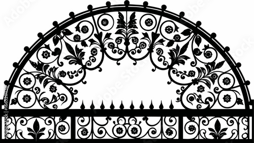 Black wrought iron floral design with arched top and horizontal base with floral accents design |  editable eps vectors silhouette