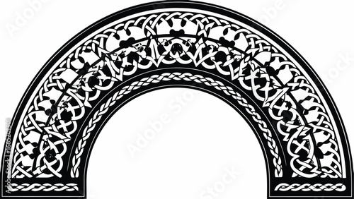 Detailed celtic knotwork archway design in black and white with intricate interwoven patterns displayed |  editable eps vectors silhouette