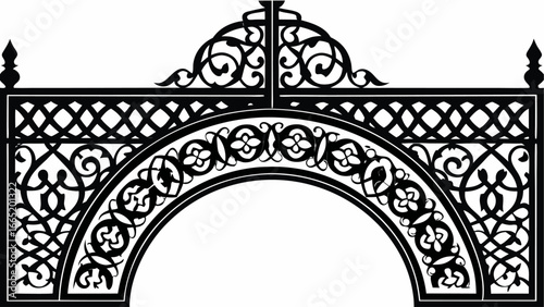 Intricate black and white decorative archway with floral and swirl designs on a white background scene view |  editable eps vectors silhouette