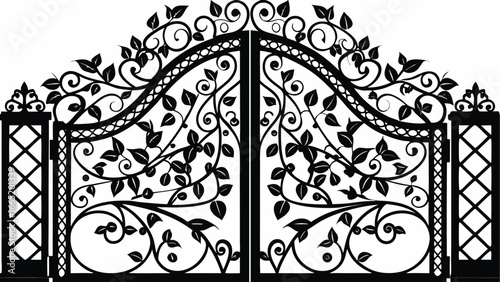 Ornate wrought iron gate with leafy vines and decorative posts in a detailed black and white design |  editable eps vectors silhouette