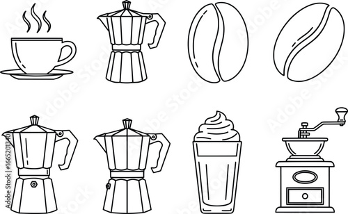 Charming hand-drawn coffee elements moka pots cups beans grinder and whipped cream drink
