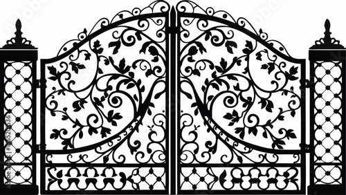Ornate wrought iron gate with floral and leaf designs and decorative posts in black and white style |  editable eps vectors silhouette