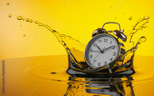 Dynamic alarm clock splashes into golden liquid capturing urgent moments and seizing opportunities