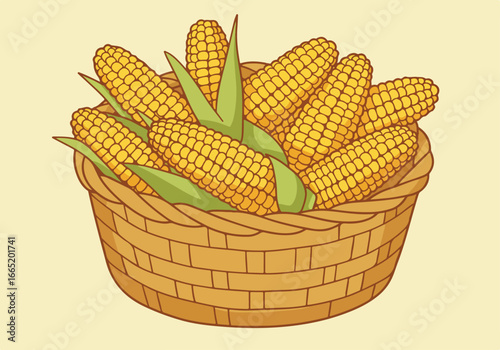 Harvested corn cobs filling wicker basket with yellow background, for cooking