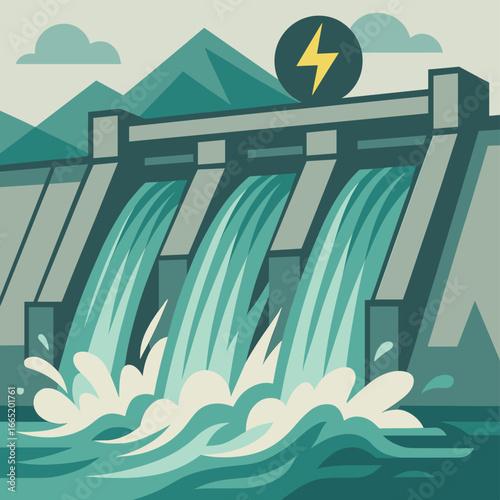 Renewable energy dam generating hydroelectric power in modern design